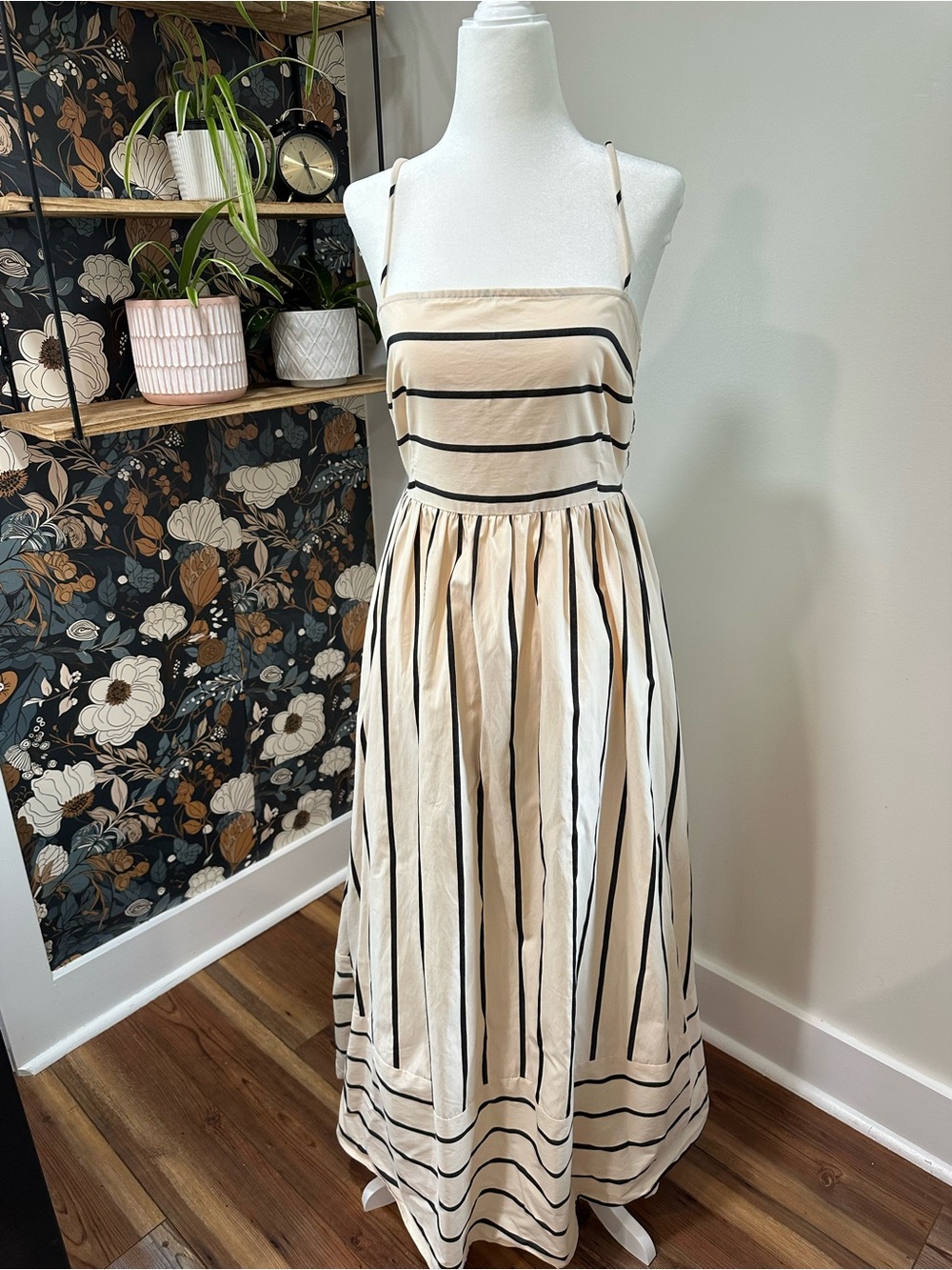 Striped Cream and Black Maxi Dress with Spaghetti Straps